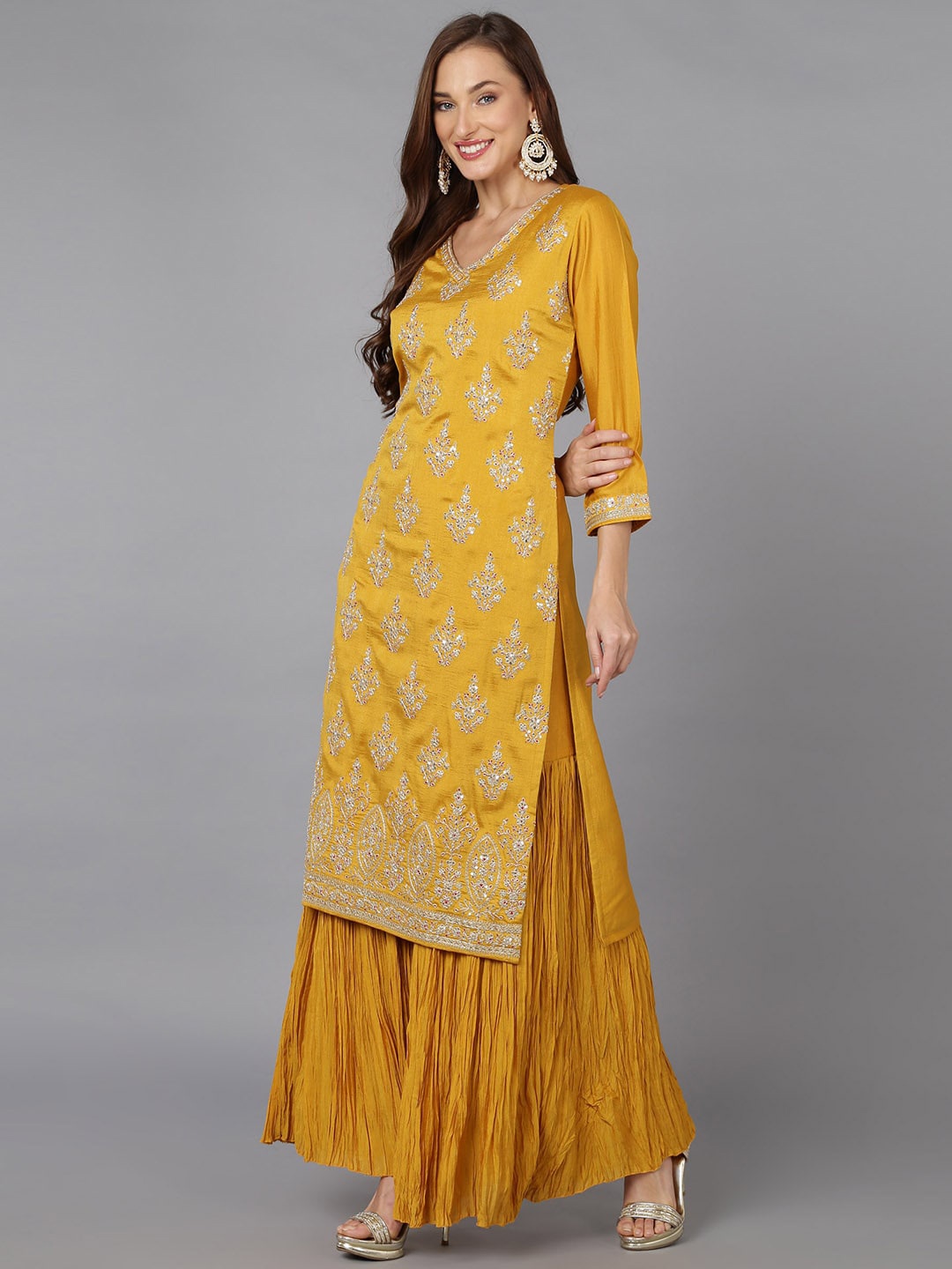 

AHIKA Floral Embroidered Sequined Kurta with Sharara & Dupatta, Mustard