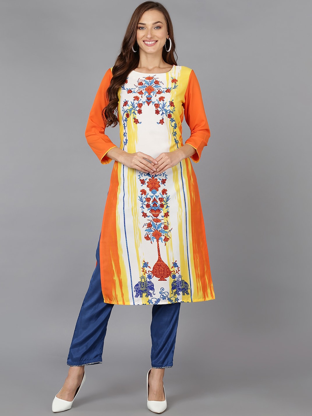 

AHIKA Orange & White Floral Printed Straight Kurta