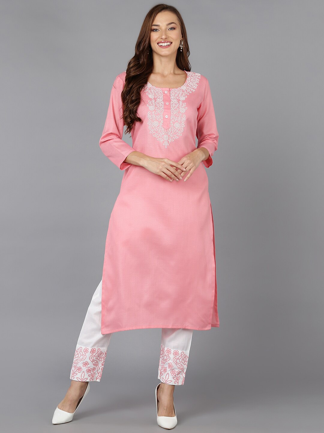 

AHIKA Floral Embroidered Straight Kurta with Trousers, Pink