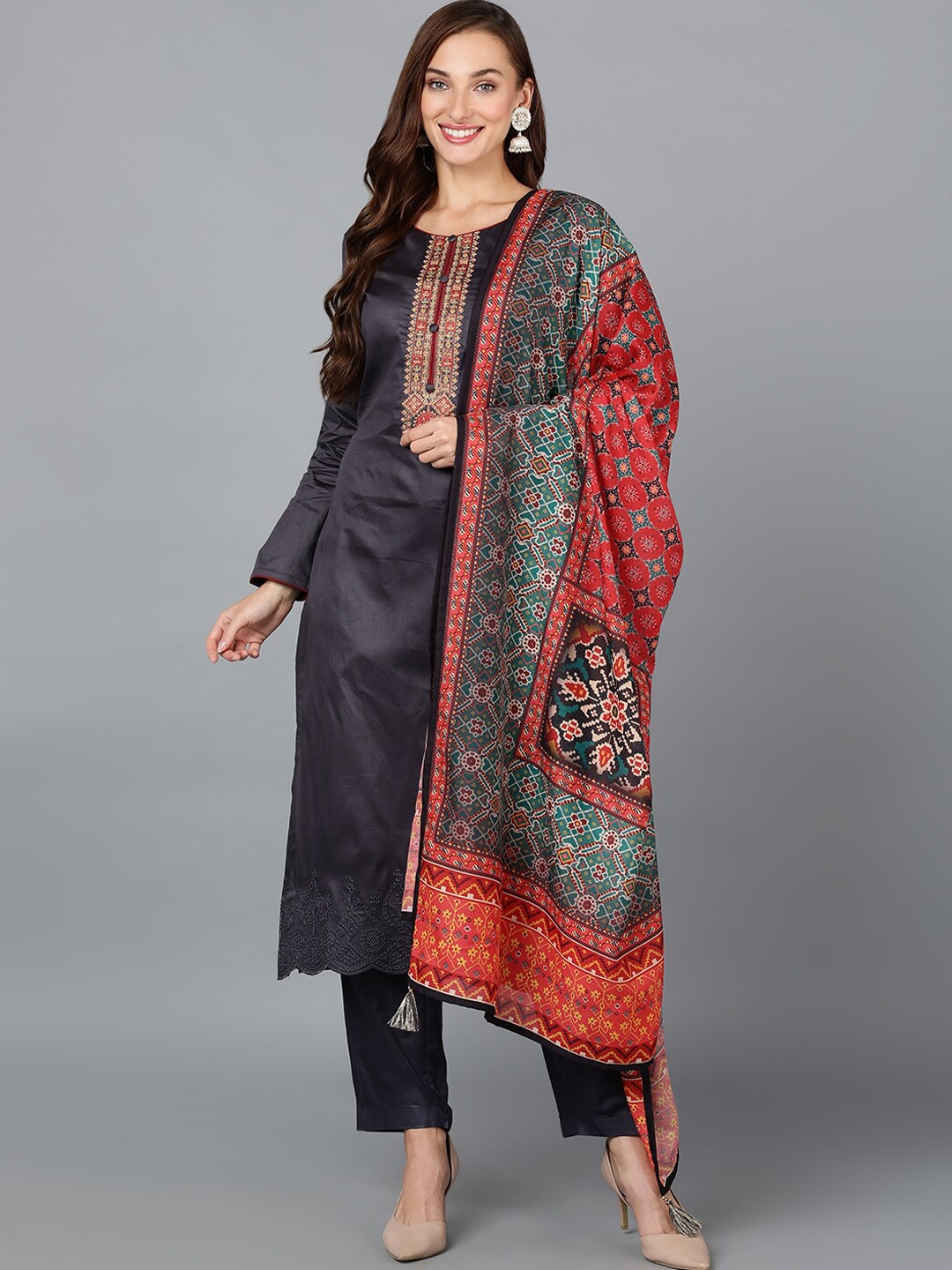 

AHIKA Black Yoke Design Thread Work Kurta with Trousers & Dupatta