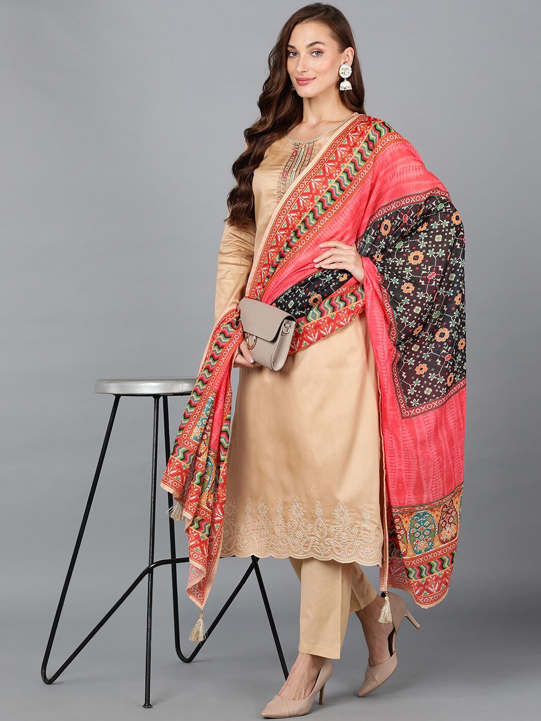 

AHIKA Ethnic Motifs Embroidered Kurta with Trousers & Dupatta, Beige