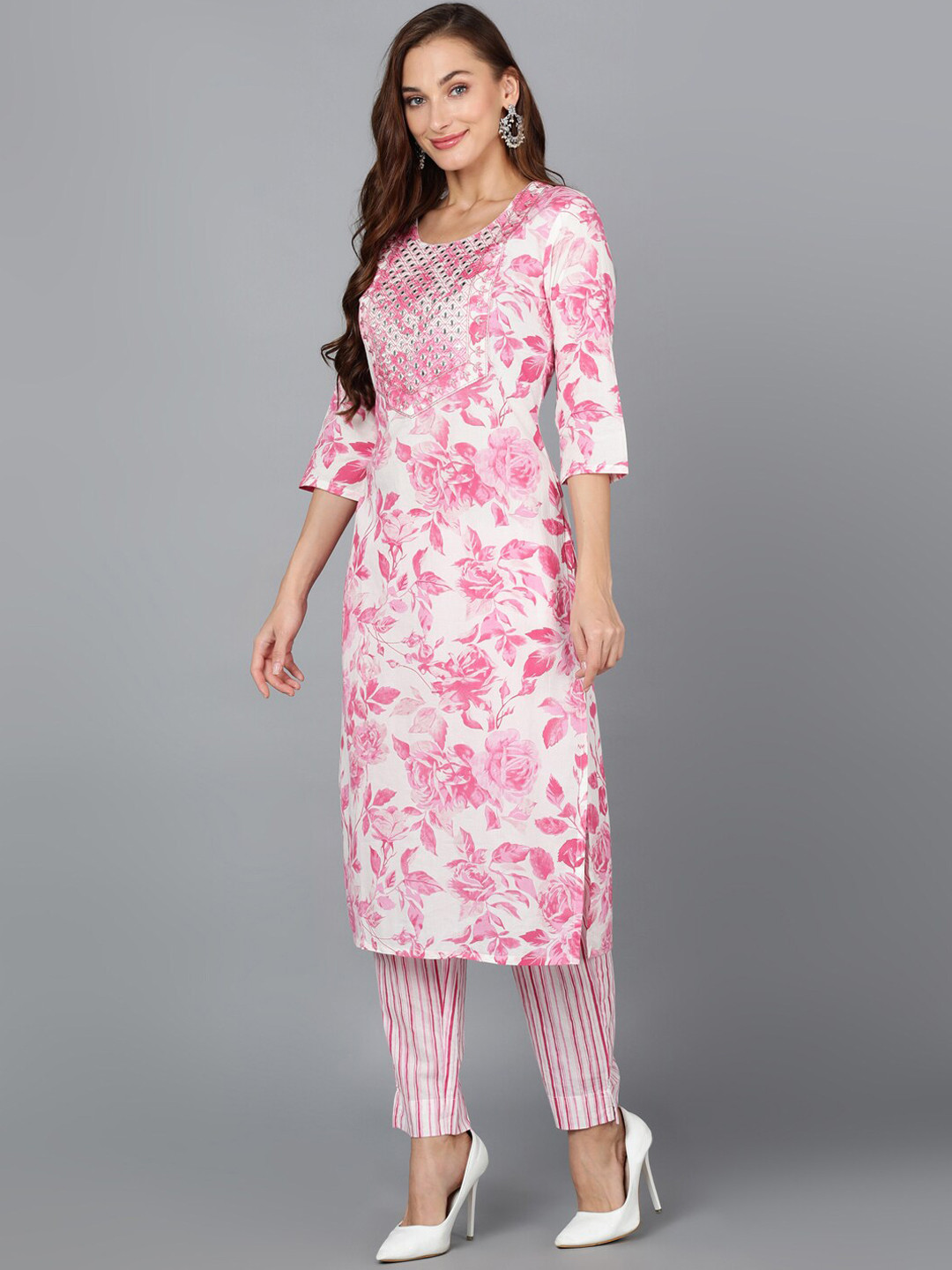 

AHIKA White & Pink Floral Printed Mirror Work Kurta with Trousers
