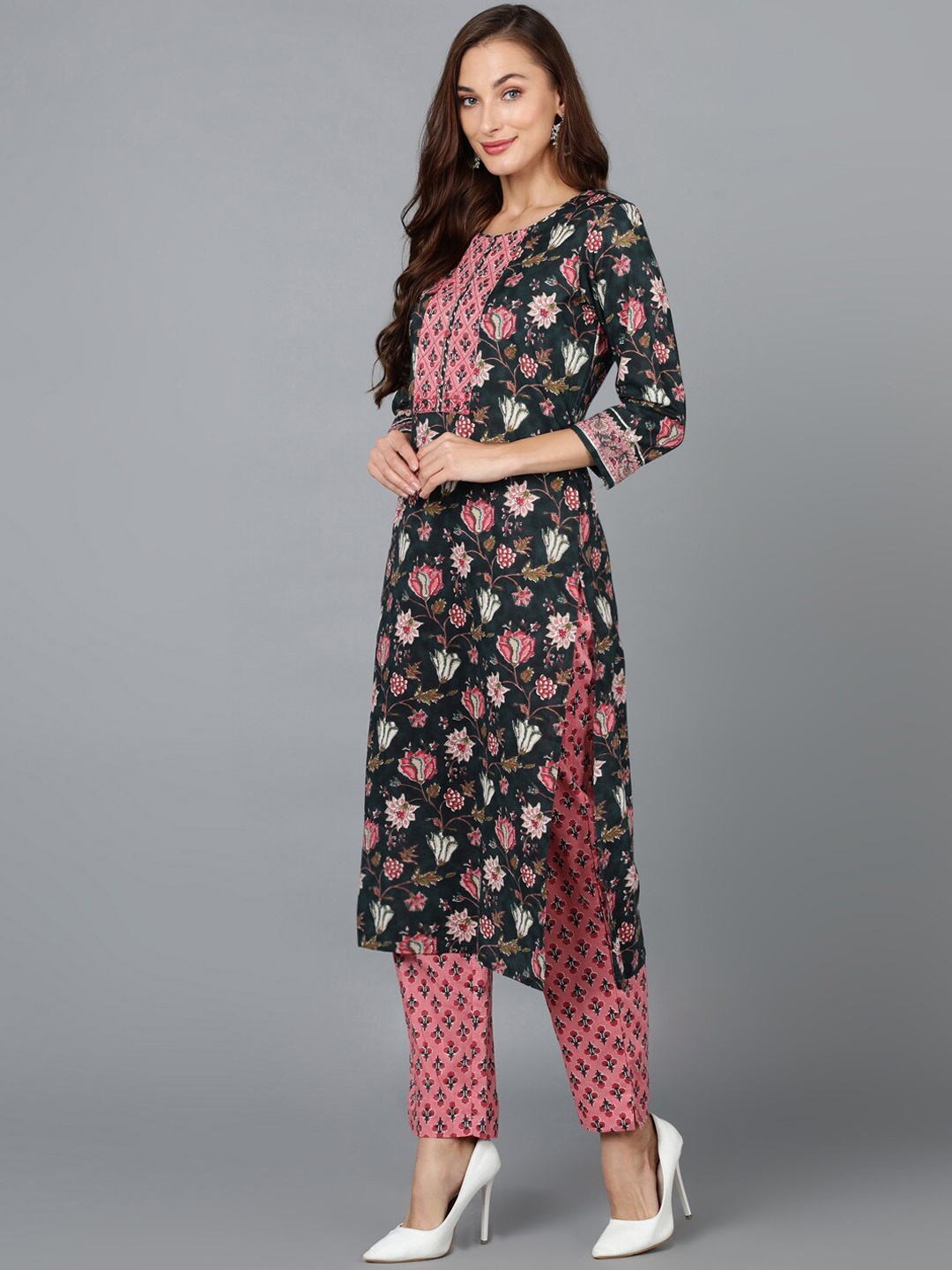 

AHIKA Green & Peach-Coloured Floral Printed Kurta with Trousers