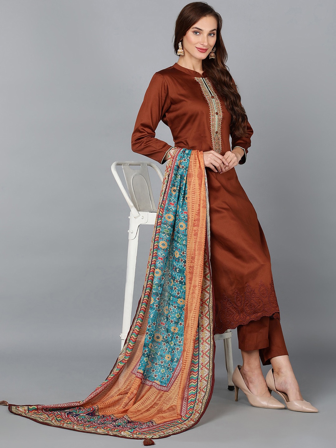 

AHIKA Camel Brown Yoke Design Thread Work Kurta with Trousers & Dupatta