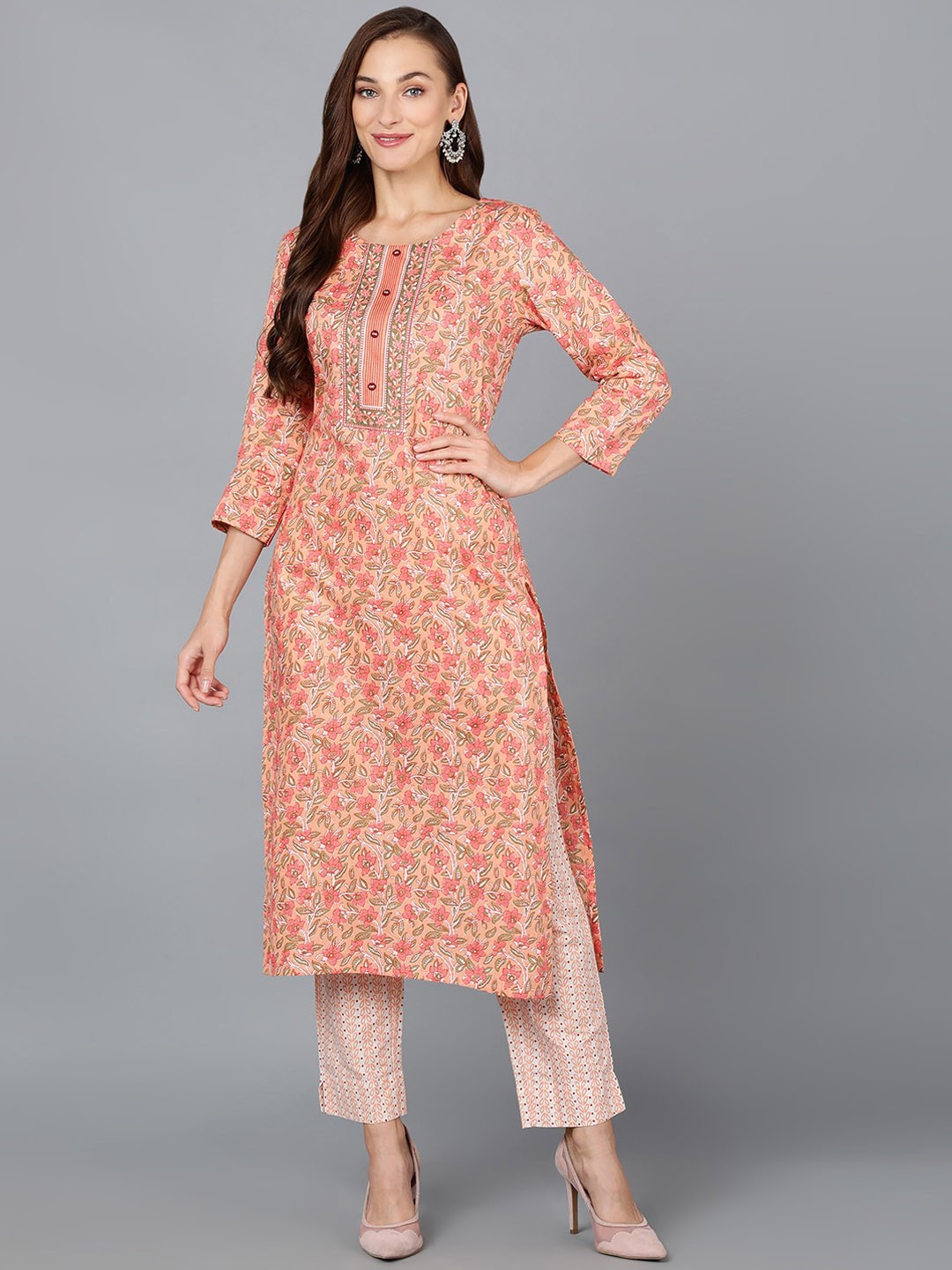 

AHIKA Peach-Coloured Floral Printed Kurta with Trousers