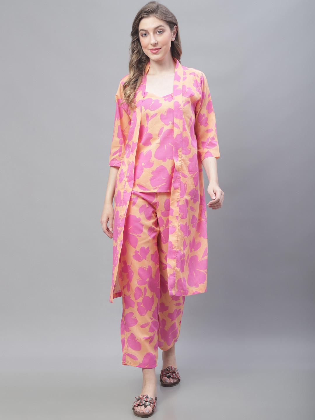 

TAG 7 3 Pieces Floral Printed Pure Cotton Night Suit, Pink