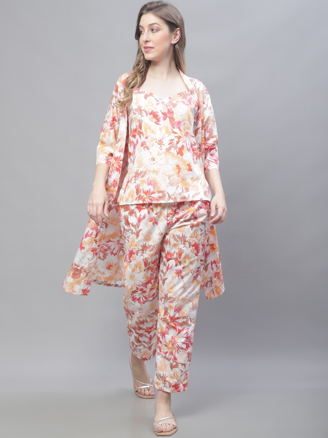 

TAG 7 3 Pieces Floral Printed Pure Cotton Night Suit, White