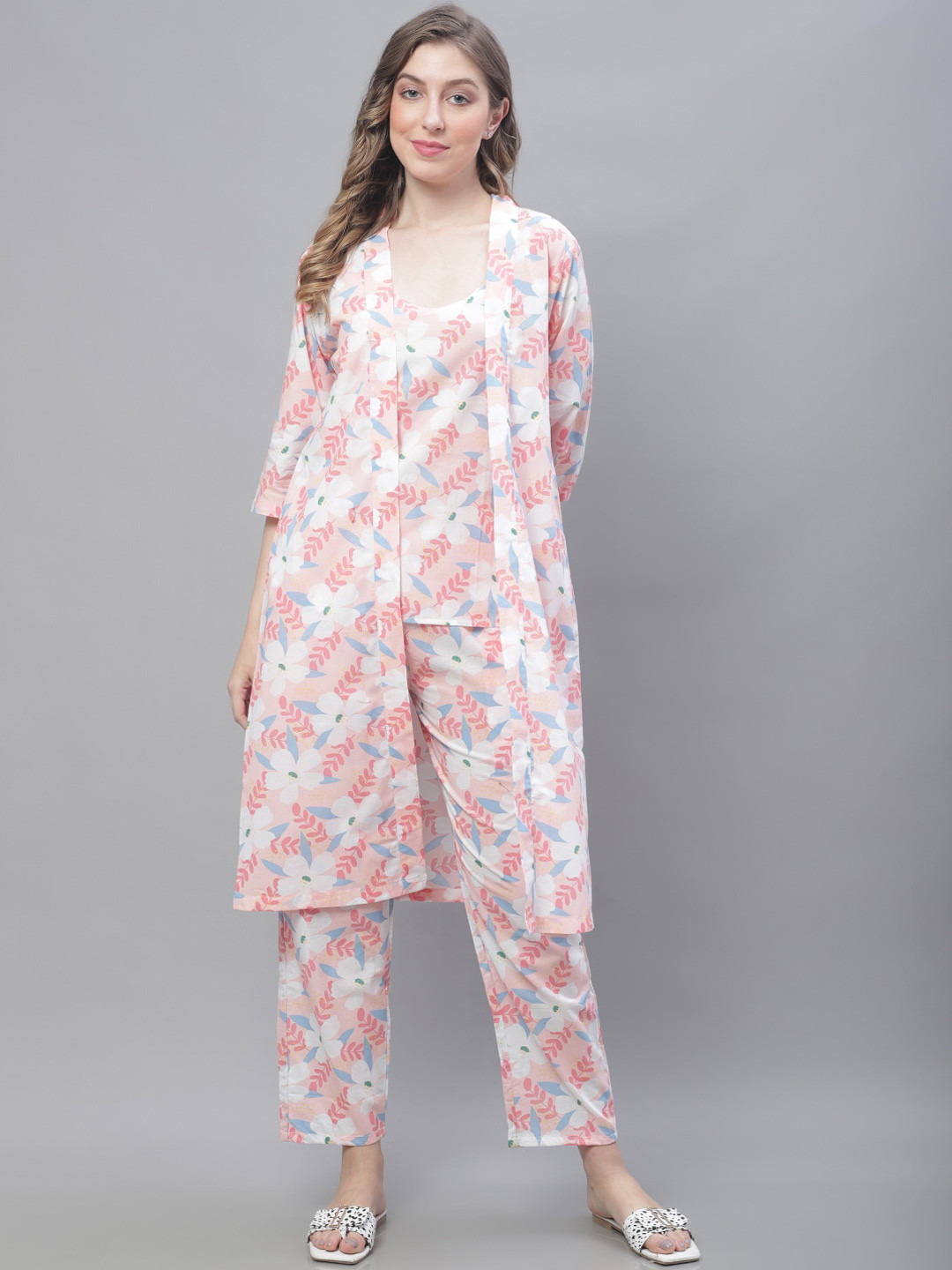 

TAG 7 3 Pieces Floral Printed Pure Cotton Night Suit, Pink