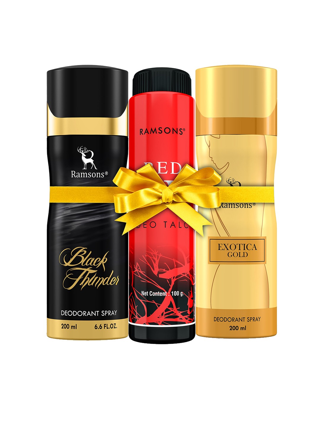 

Ramsons Black Thunder Deodorant 200ml+Exotica Gold Deodorant 200ml+Red ZX Deo Talc 100g