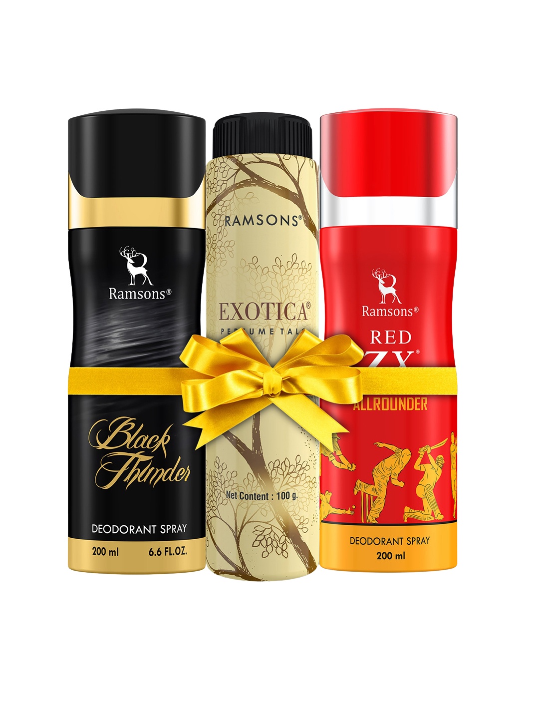 

Ramsons Set Of 2 Deo 200ml Each- Red ZX All Rounder & Black Thunder with Exotica Talc 100g