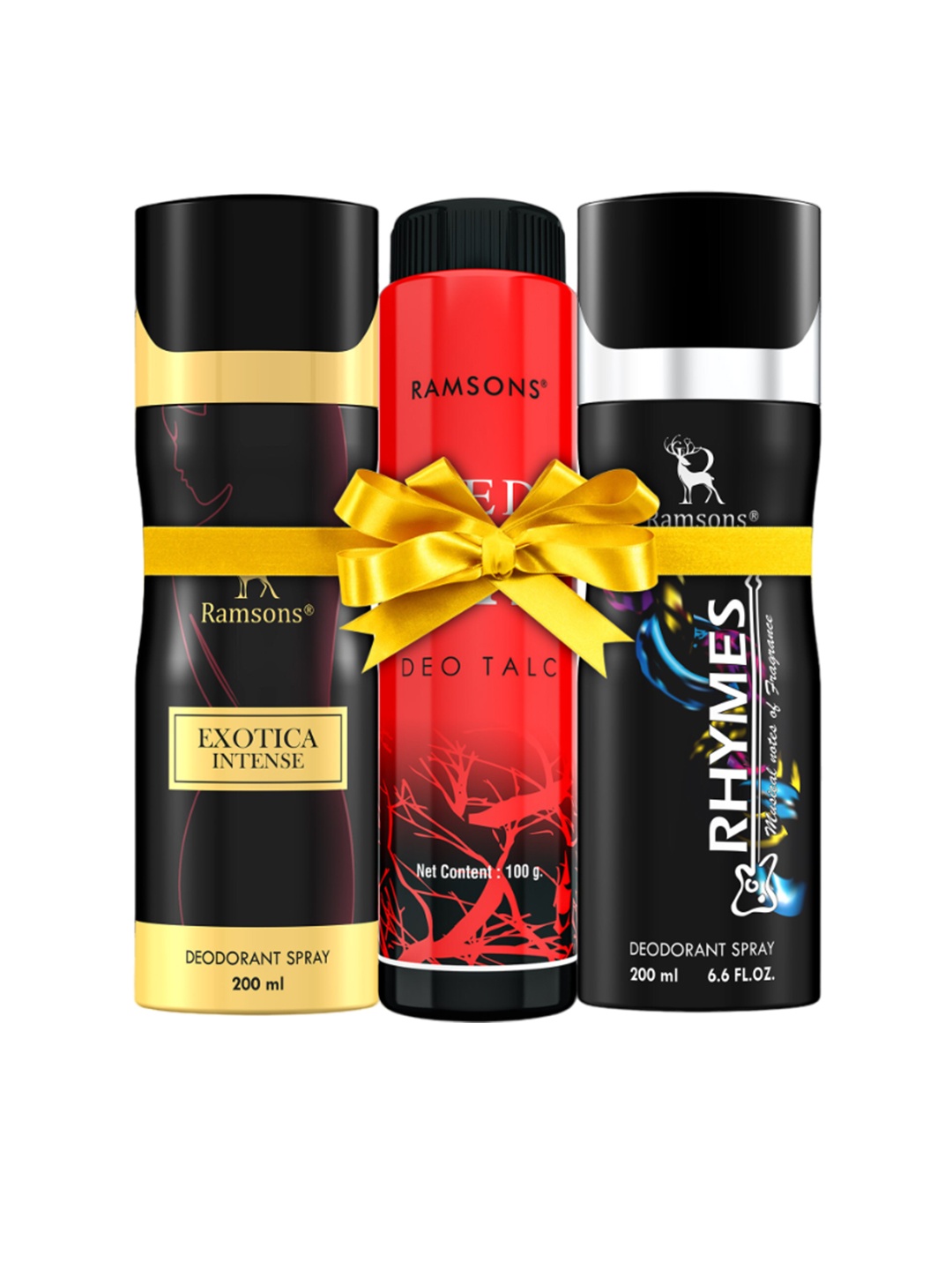 

Ramsons Set Of 2 Deodorants 200ml Each- Exotica Intense & Rhymes with Red ZX Deo Talc 100g, Black