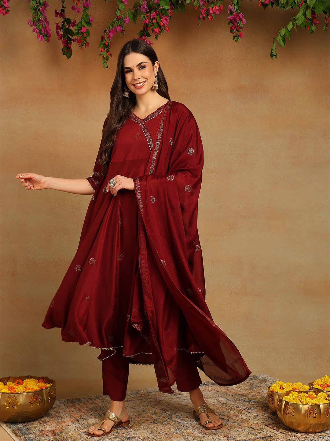 

AHIKA Ethnic Motifs Printed Gotta Patti Angrakha Kurta with Trousers & Dupatta, Maroon