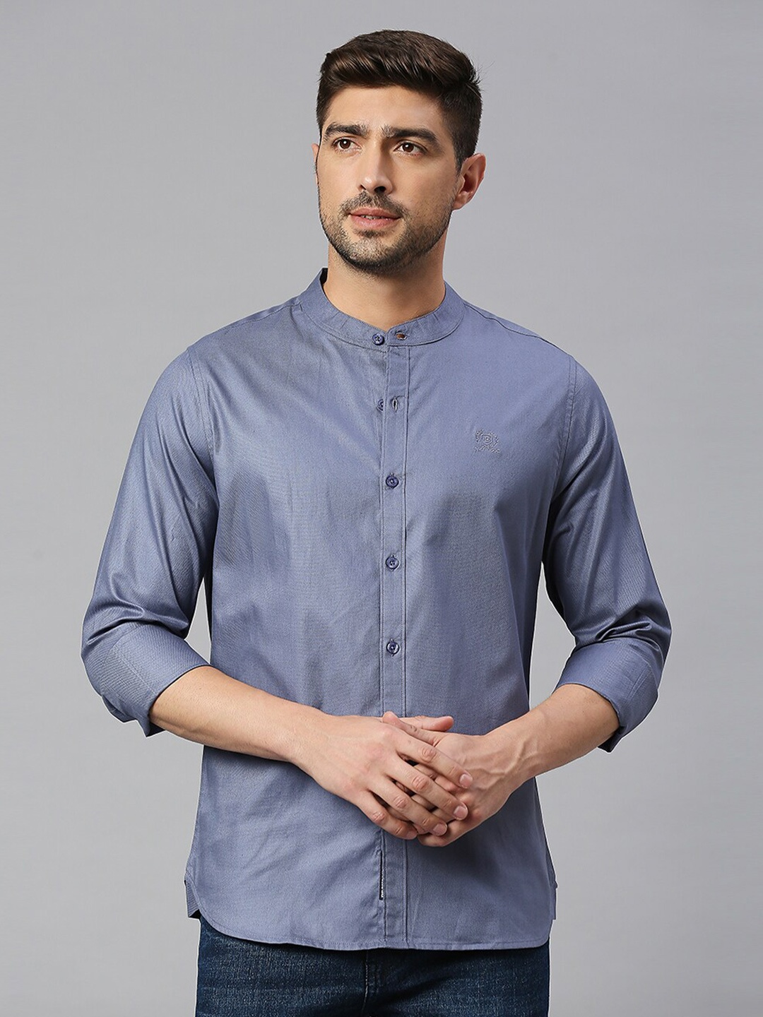 

Provogue Classic Mandarin Collar Slim Fit Cotton Casual Shirt, Blue