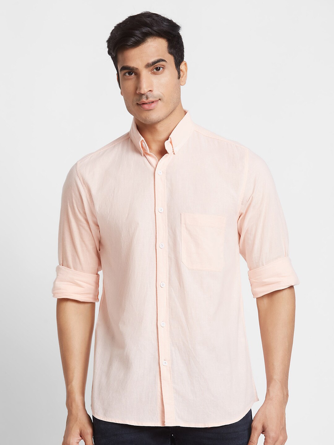 

Nick&Jess Button Down Collar Classic Fit Slim Fit Linen Casual Shirt, Rose gold