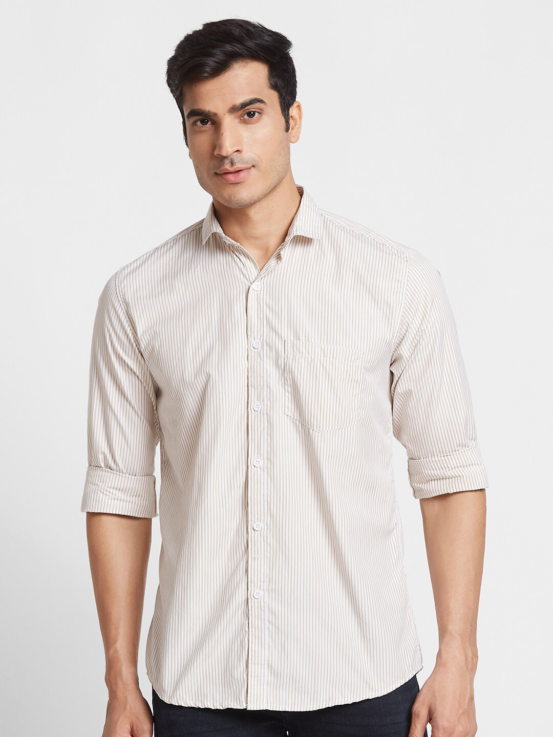 

Nick&Jess Striped Spread Collar Long Sleeves Slim Fit Classic Cotton Casual Shirt, Beige