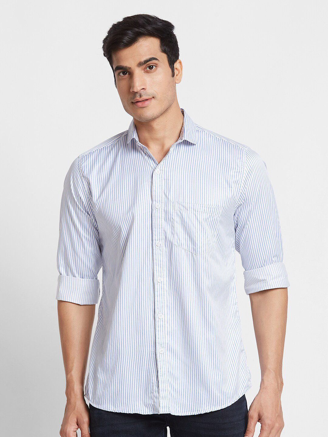 

Nick&Jess Striped Spread Collar Long Sleeves Slim Fit Classic Cotton Casual Shirt, Blue