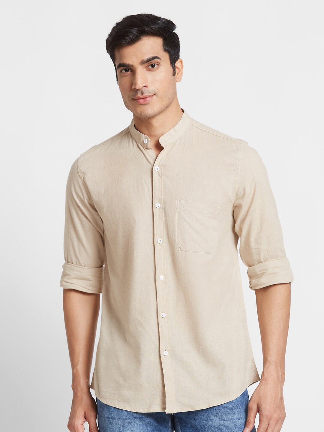 

Nick&Jess Band Collar Long Sleeves Slim Fit Classic Linen Casual Shirt, Beige