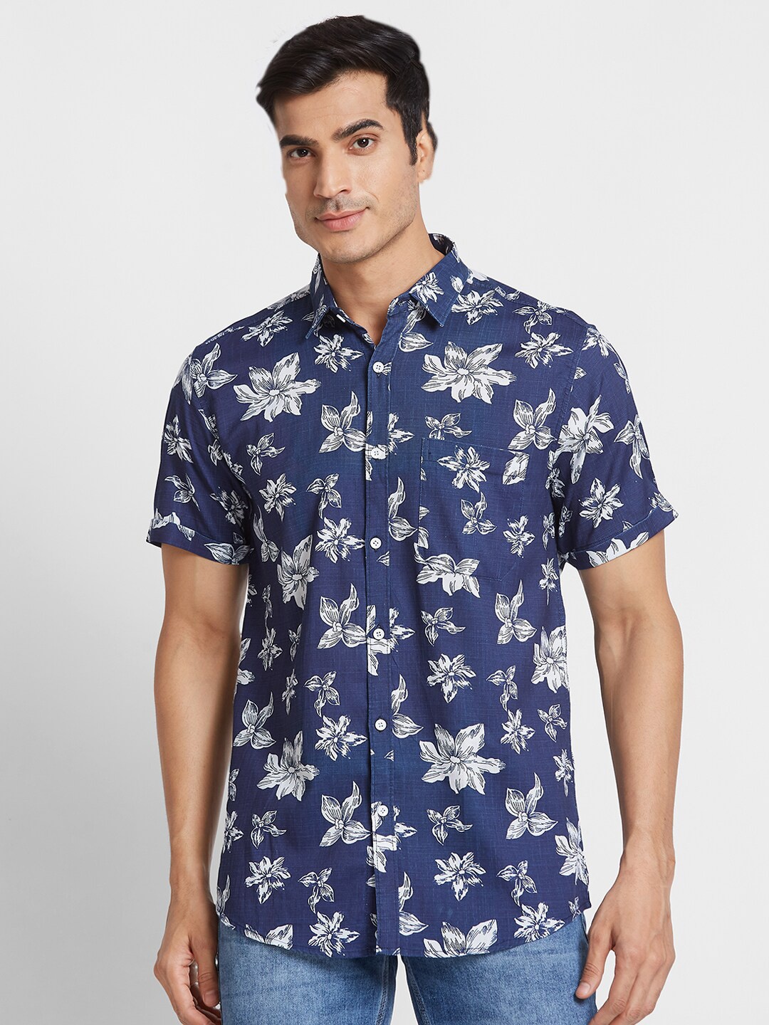 

Nick&Jess Floral Printed Short Sleeves Classic Fit Linen Casual Shirt, Blue