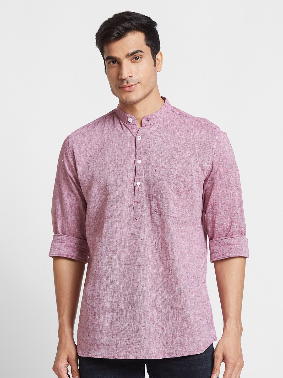 

Nick&Jess Band Collar Long Sleeves Classic Fit Linen Casual Shirt, Purple