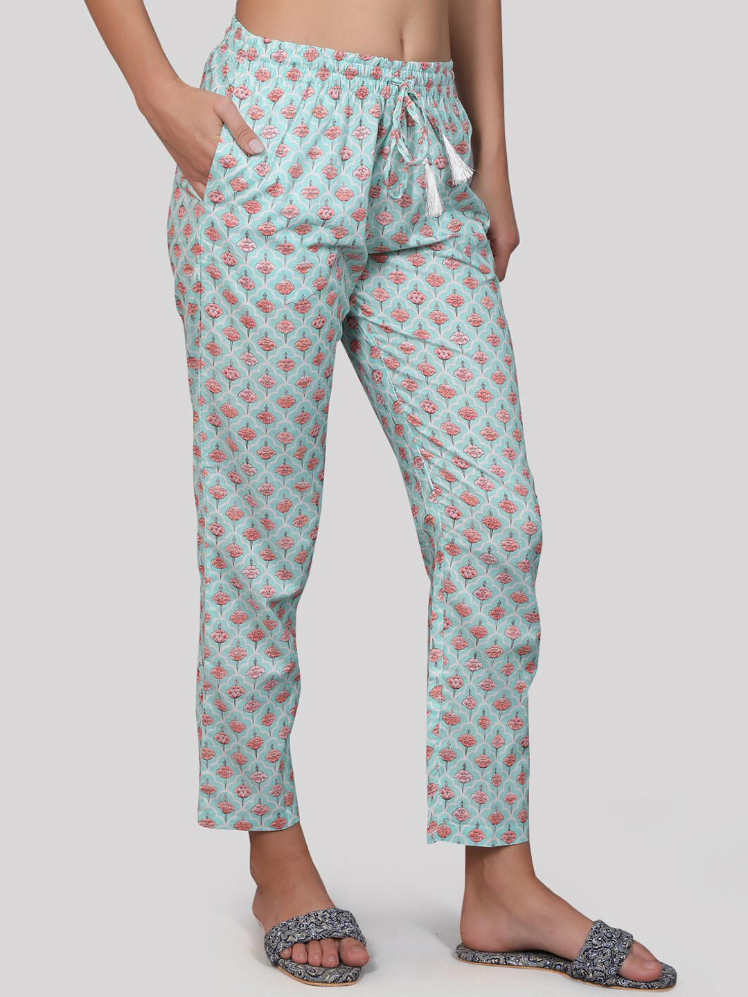 

evolove Women Printed Pure Cotton Lounge Pants, Green