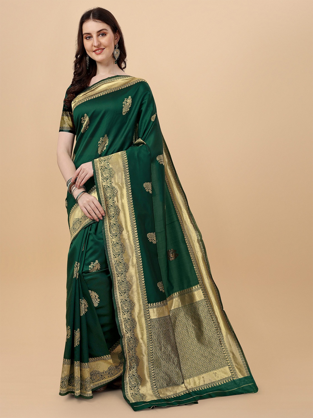 

TEREZA Floral Woven Design Zari Pure Silk Kanjeevaram Saree, Green