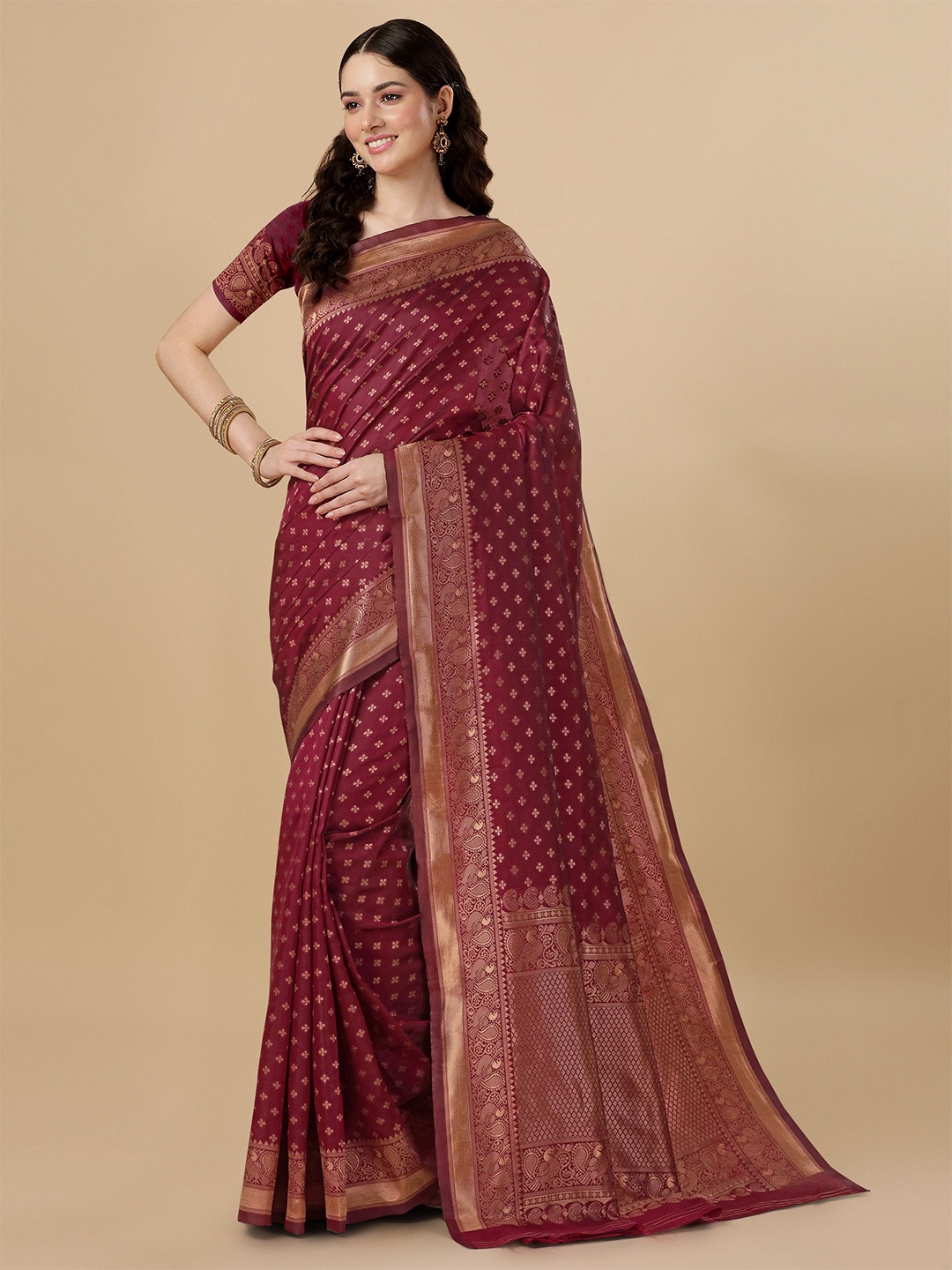 

TEREZA Floral Woven Design Zari Pure Silk Kanjeevaram Saree, Maroon