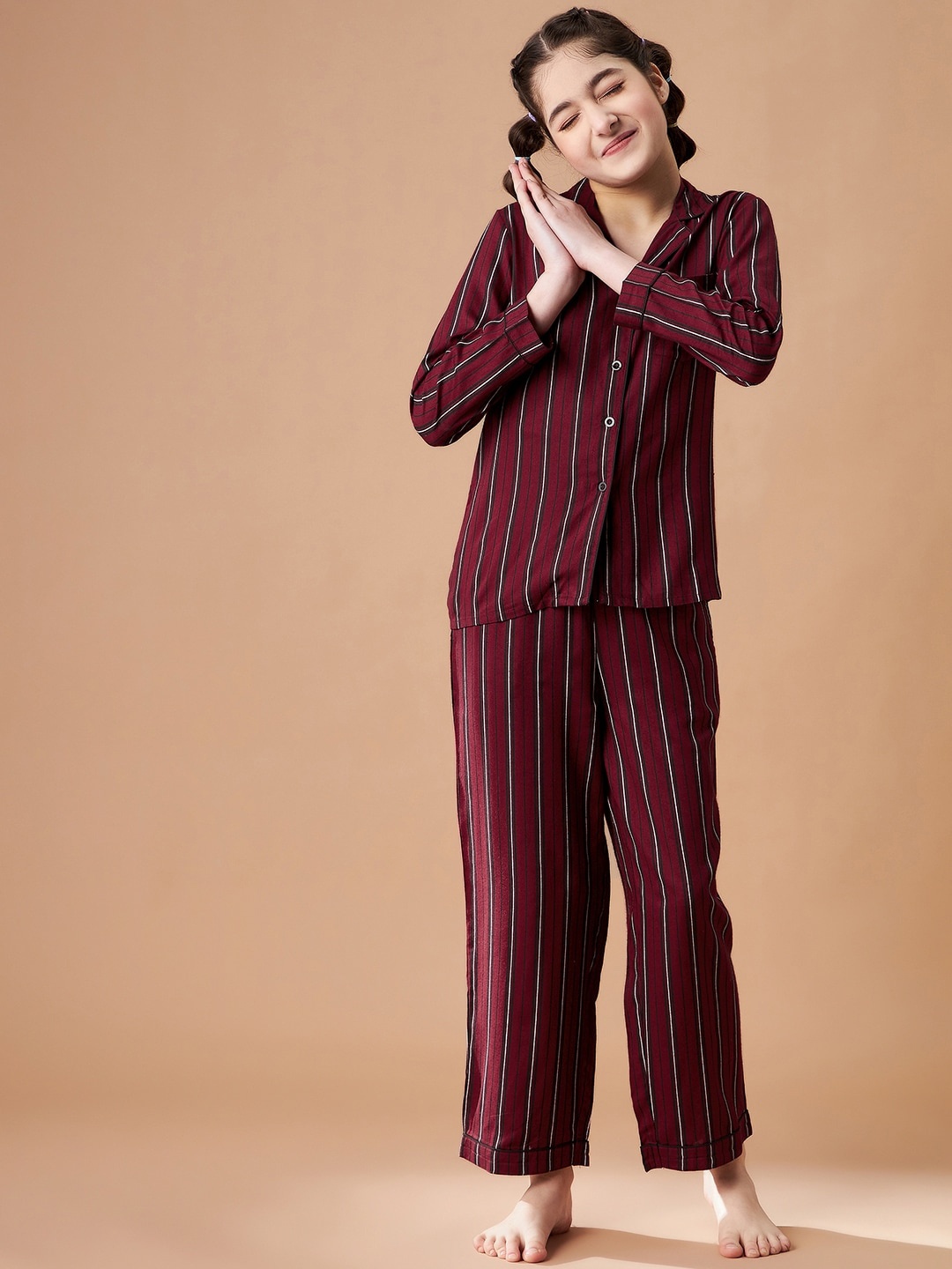 

Cherry & Jerry Girls Striped Night Suit, Maroon