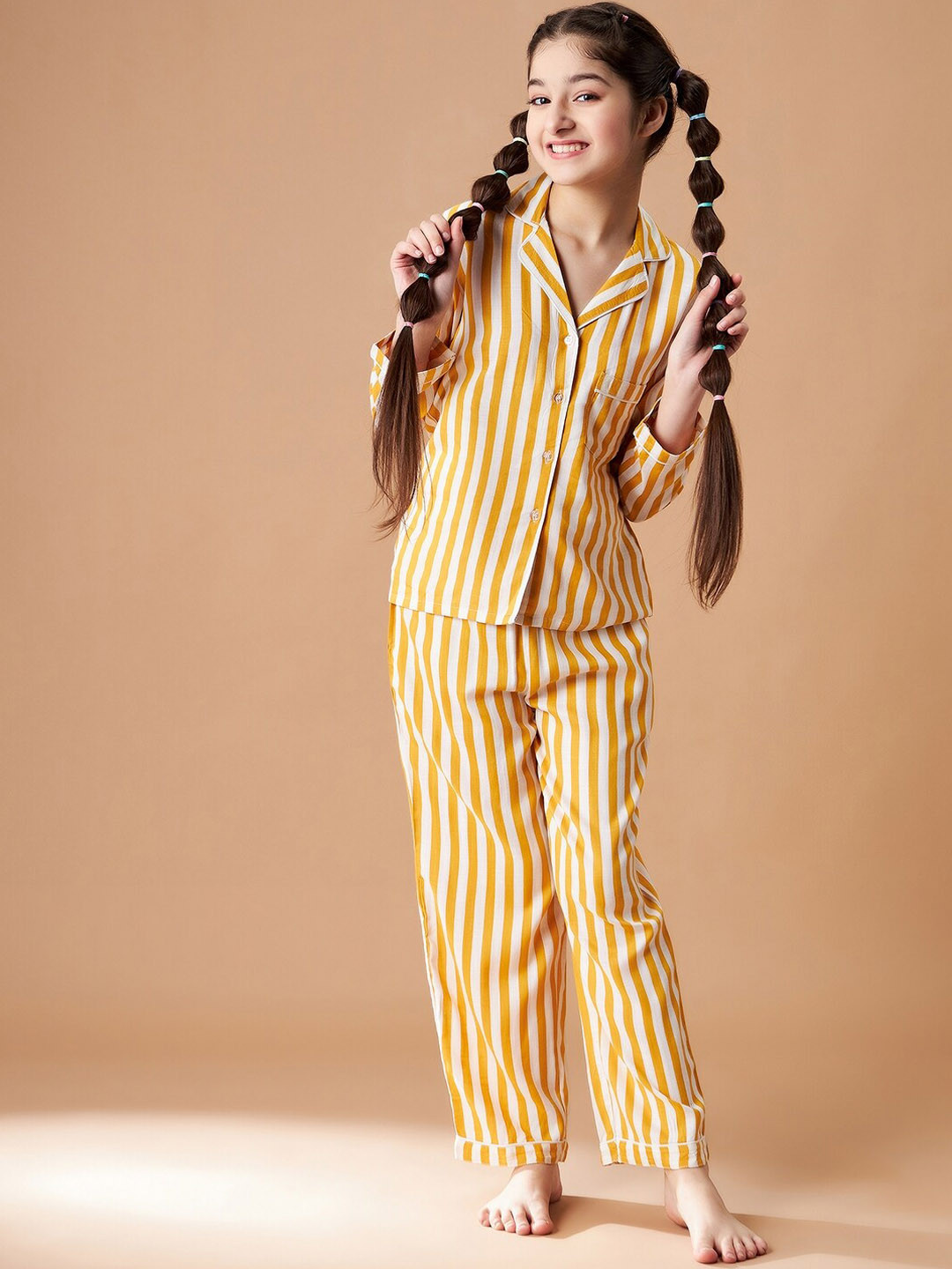 

Cherry & Jerry Girls Striped Night Suit, Yellow