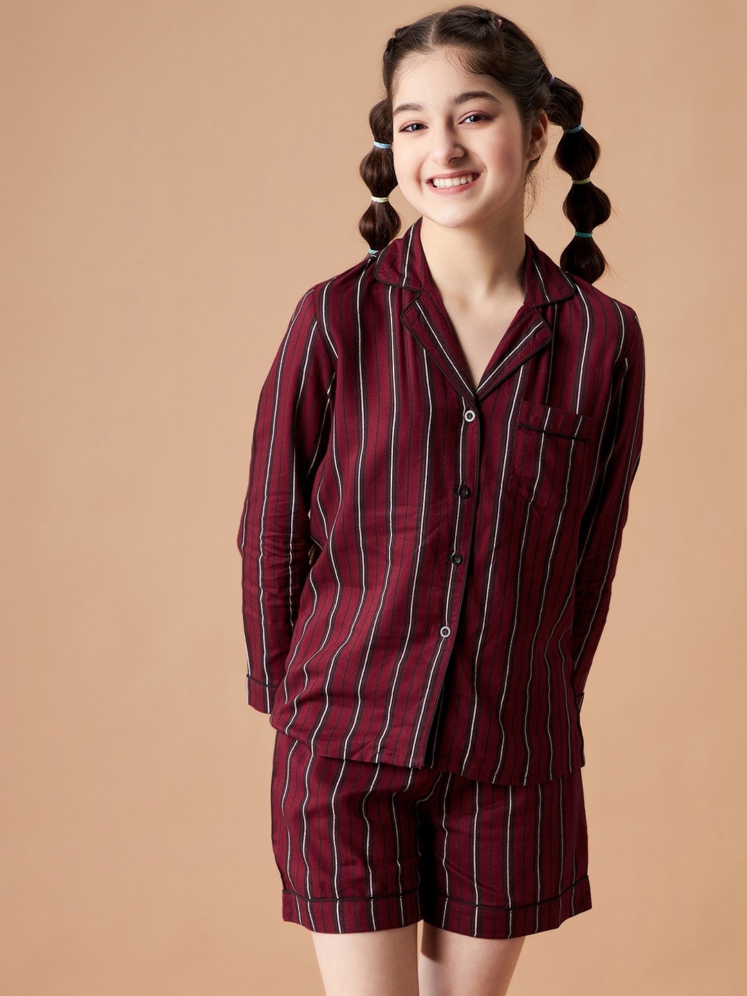 

Cherry & Jerry Girls Striped Night Suit, Maroon