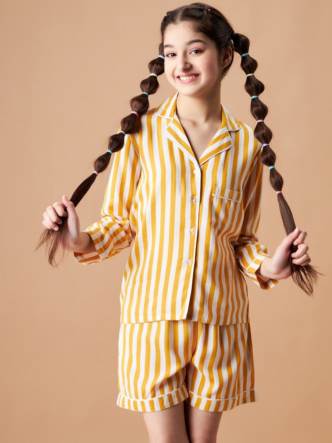 

Cherry & Jerry Girls Striped Night Suit, Yellow