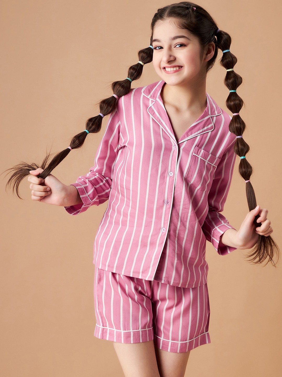 

Cherry & Jerry Girls Striped Night Suit, Pink