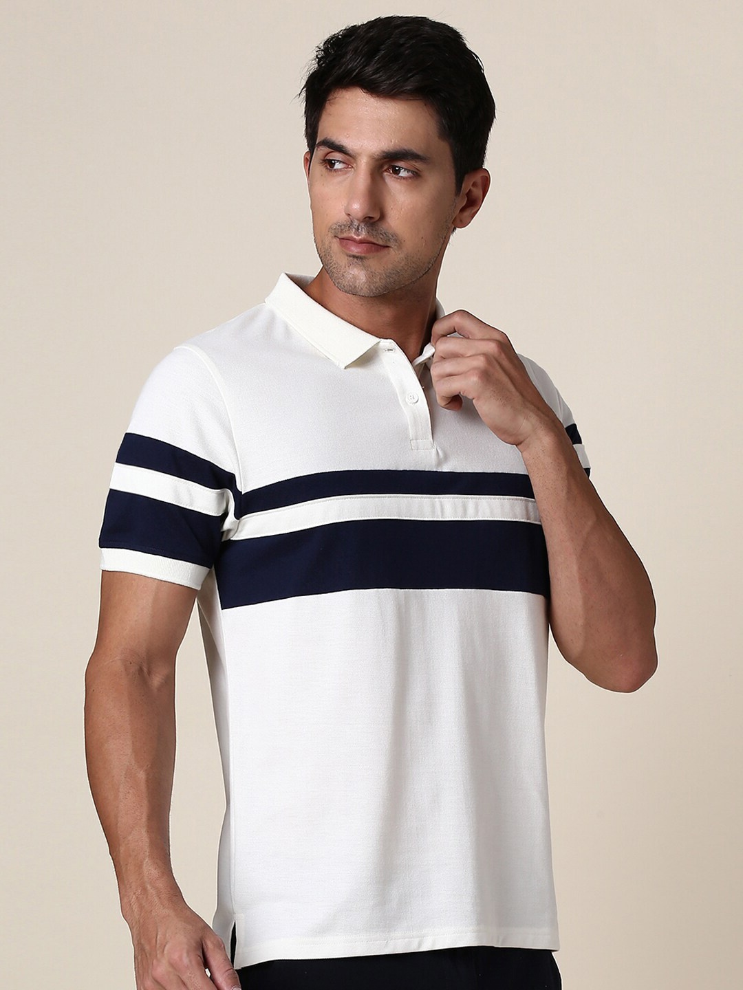 

Dennis Lingo Striped Polo Collar Regular Fit T-shirt, Off white