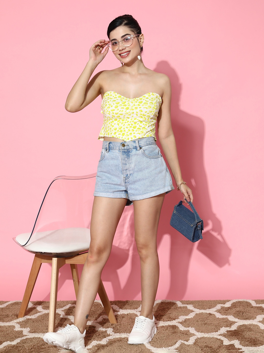 

Berrylush Printed Ruffles Smocked Styled Back Crop Top, White