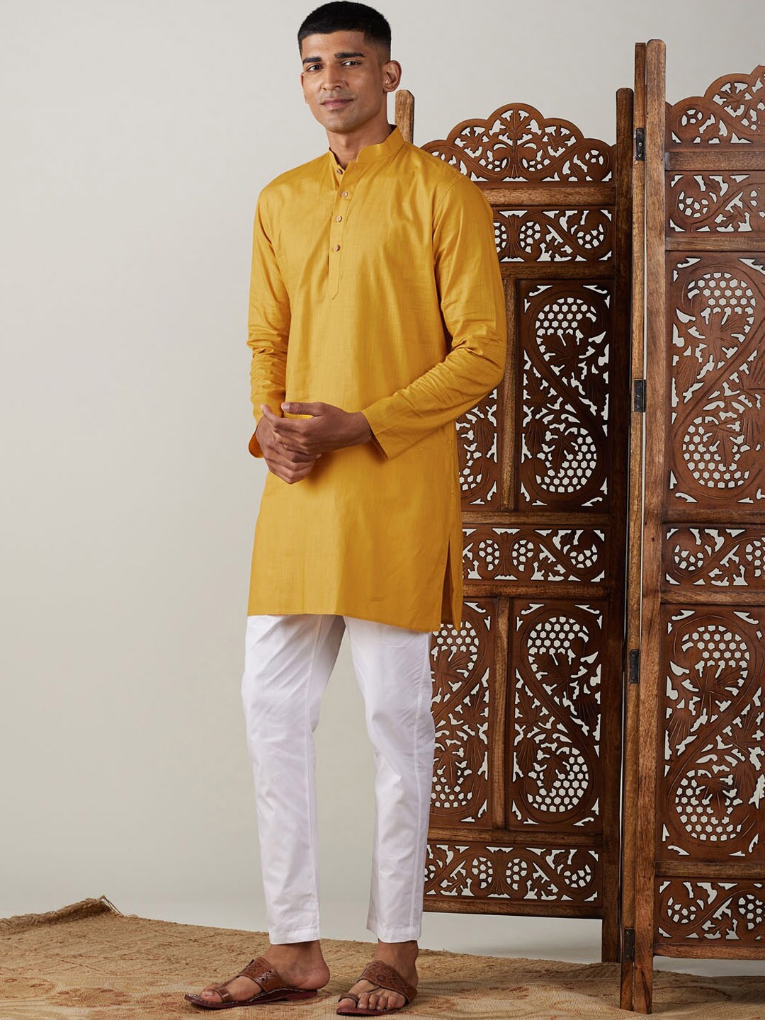 

VASTRAMAY Mandarin Collar Regular Kurta With Pyjamas, Mustard