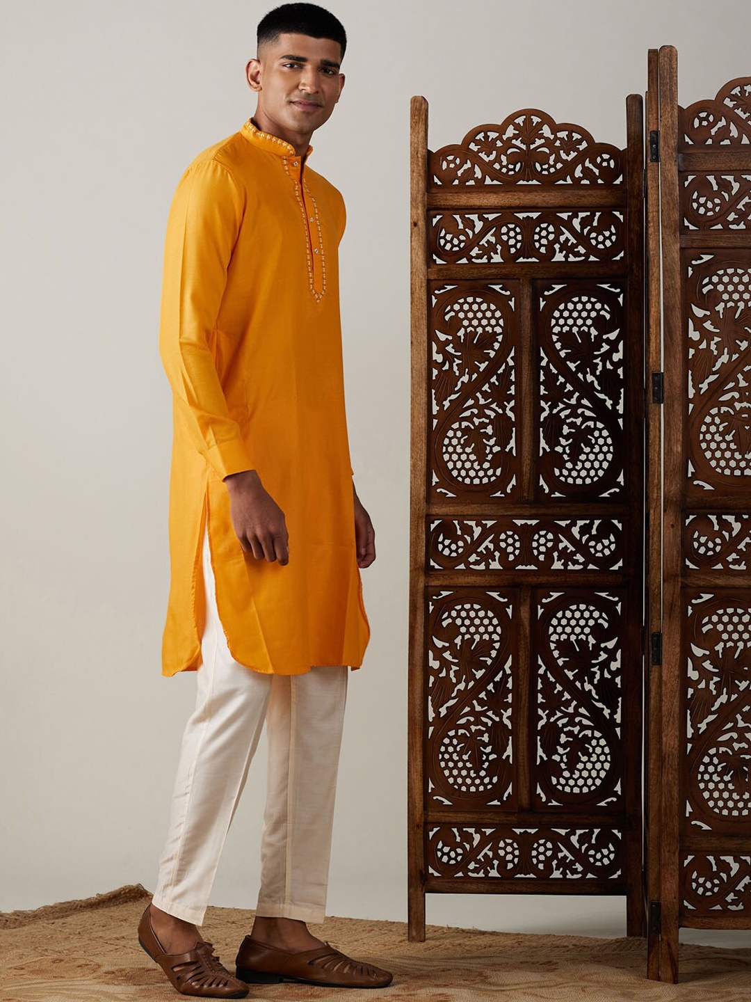 

VASTRAMAY Mandarin Collar Thread Work Kurta with Pyjamas, Mustard