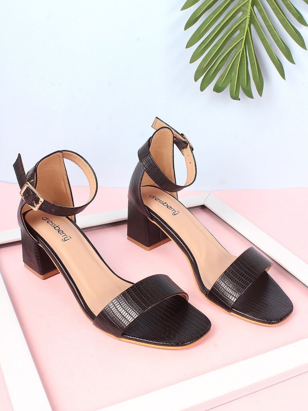 

DressBerry Black And Beige Textured Block Heels