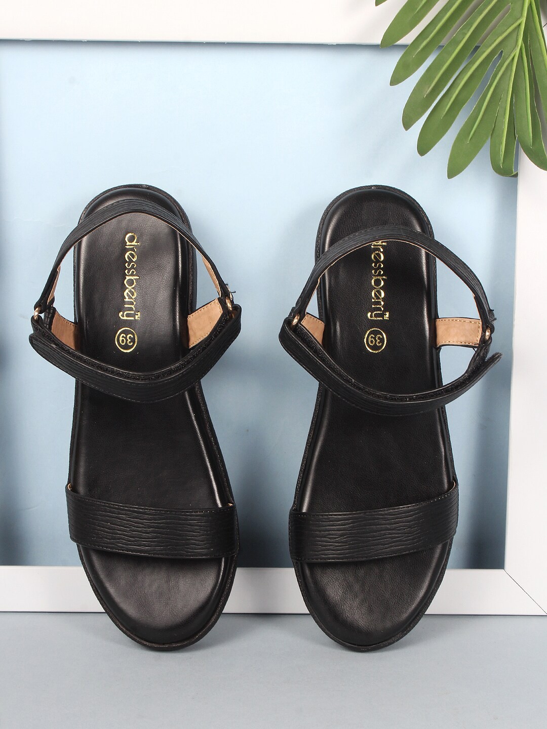 

DressBerry Black Textured Open Toe Comfort Heels With Backstrap
