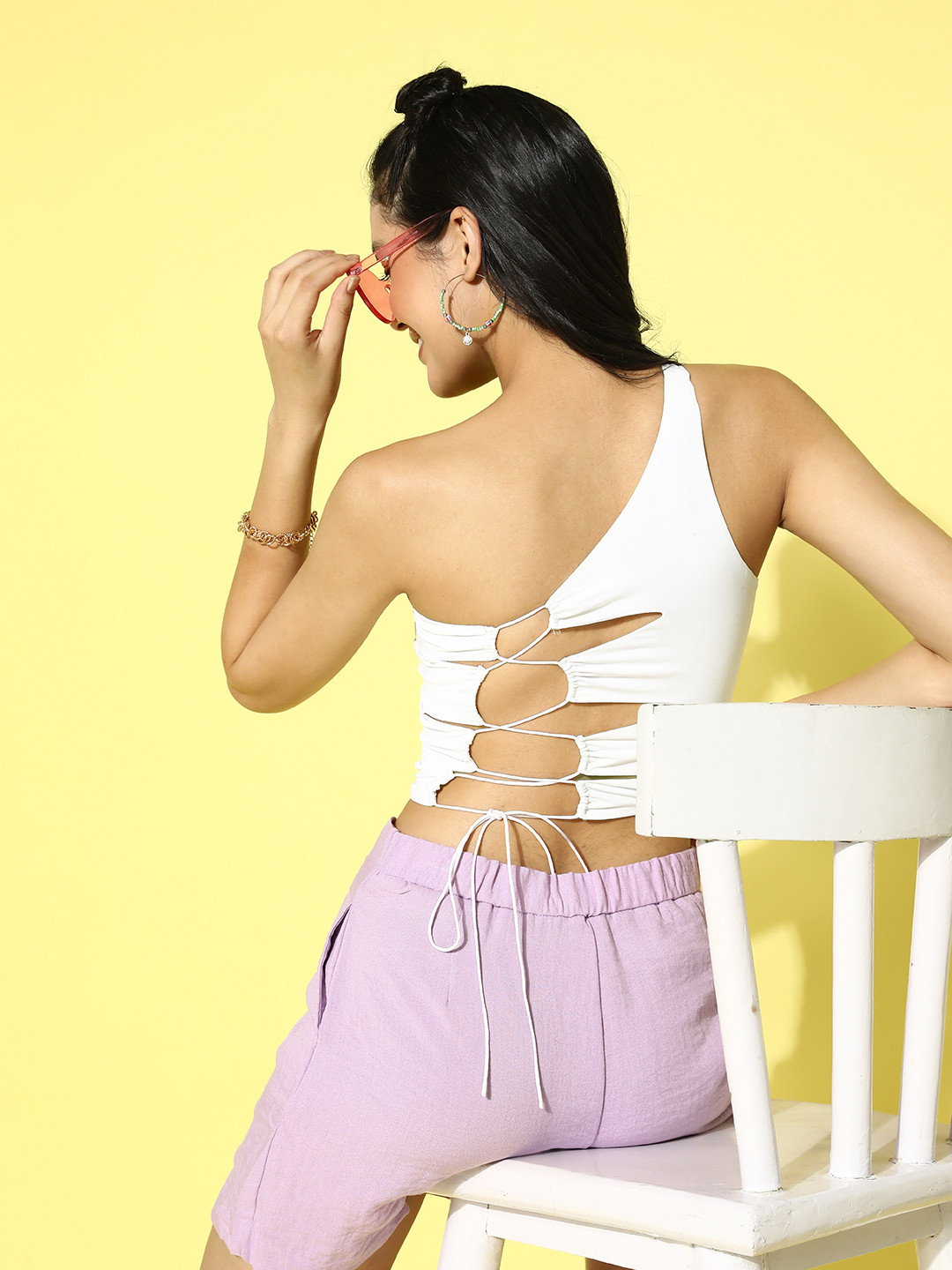

Berrylush One Shoulder Styled Back Crop Top, White