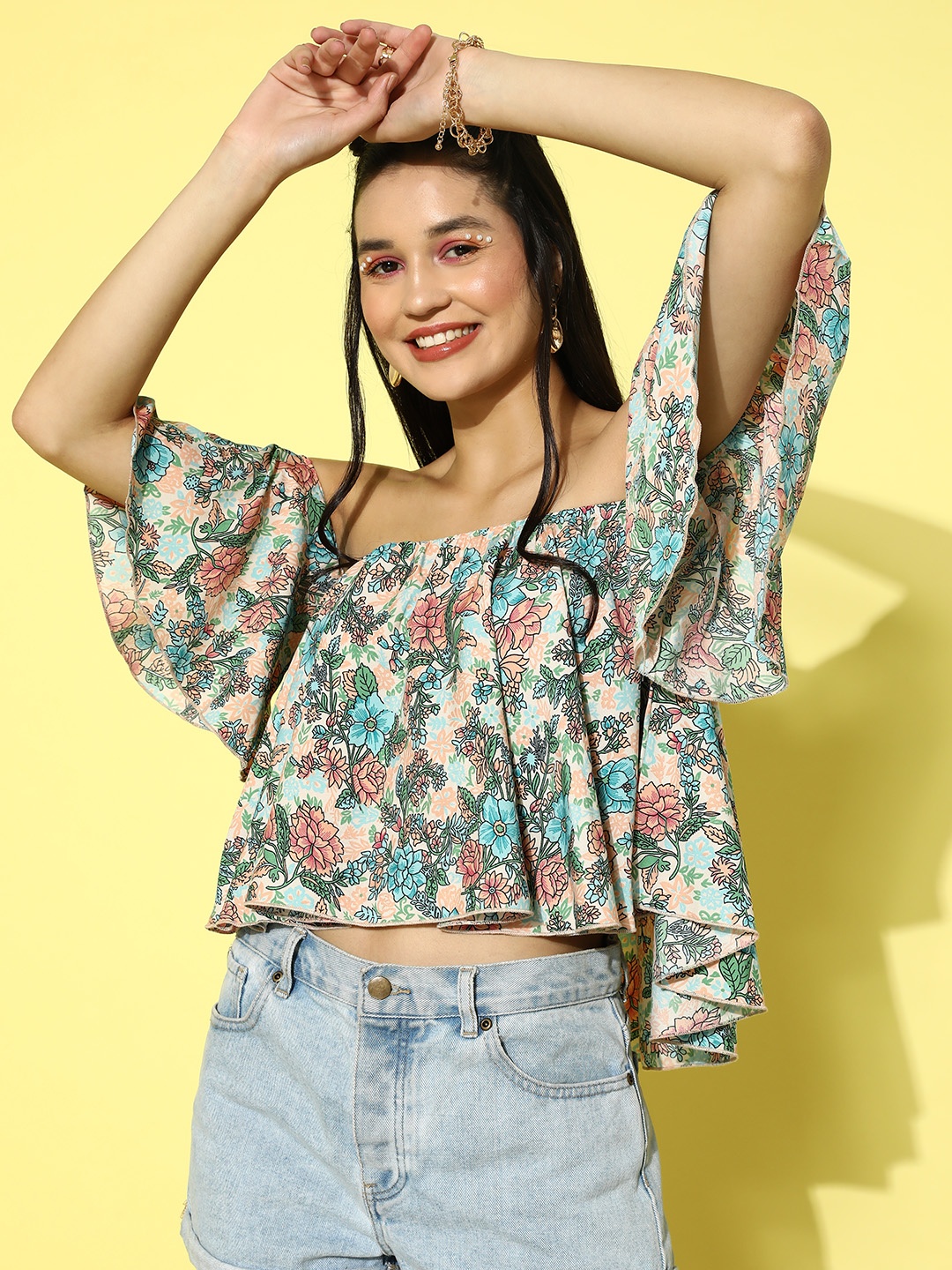 

Berrylush Off White Floral Print Off-Shoulder Flared Sleeves Ruffles Crepe Bardot Crop Top