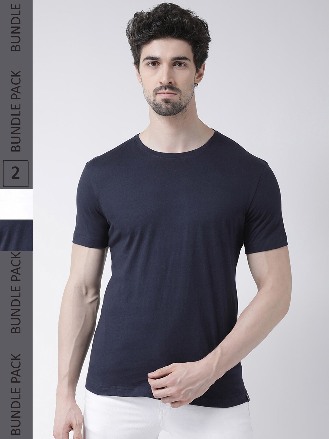 

Friskers Pack Of 2 Pure Cotton Slim Fit Short Sleeves T-shirts, Navy blue