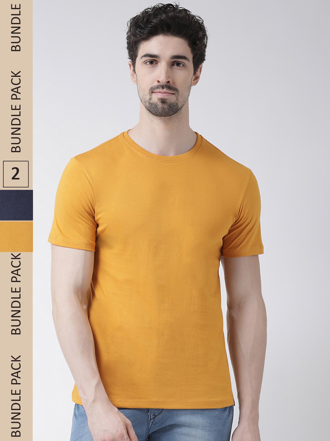 

Friskers Pack Of 2 Round Neck Cotton T-shirt, Mustard