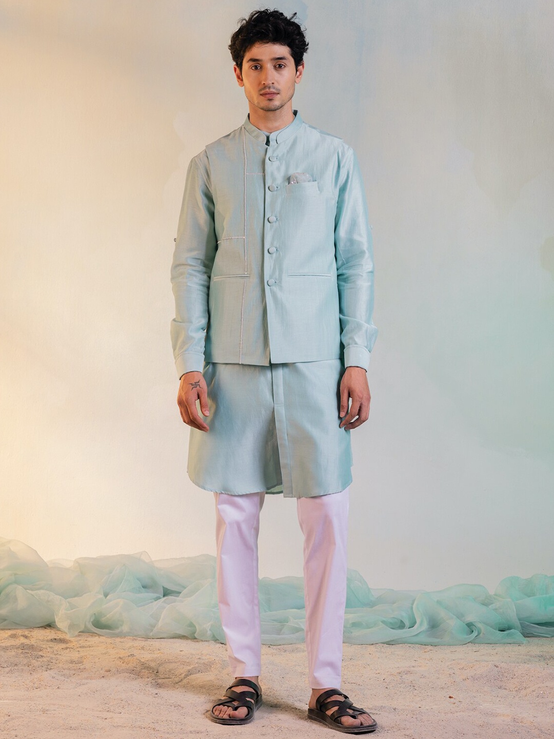 

charkhee Men Sequined Nehru Jacket, Sea green