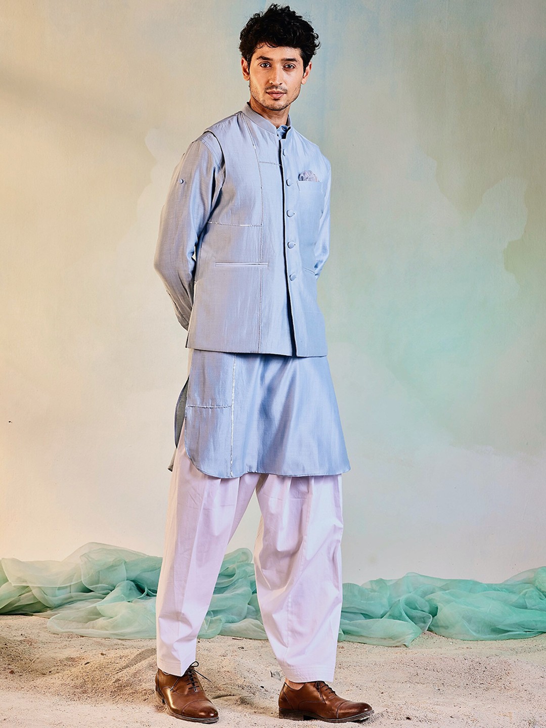 

charkhee Men Sequined Nehru Jacket, Blue