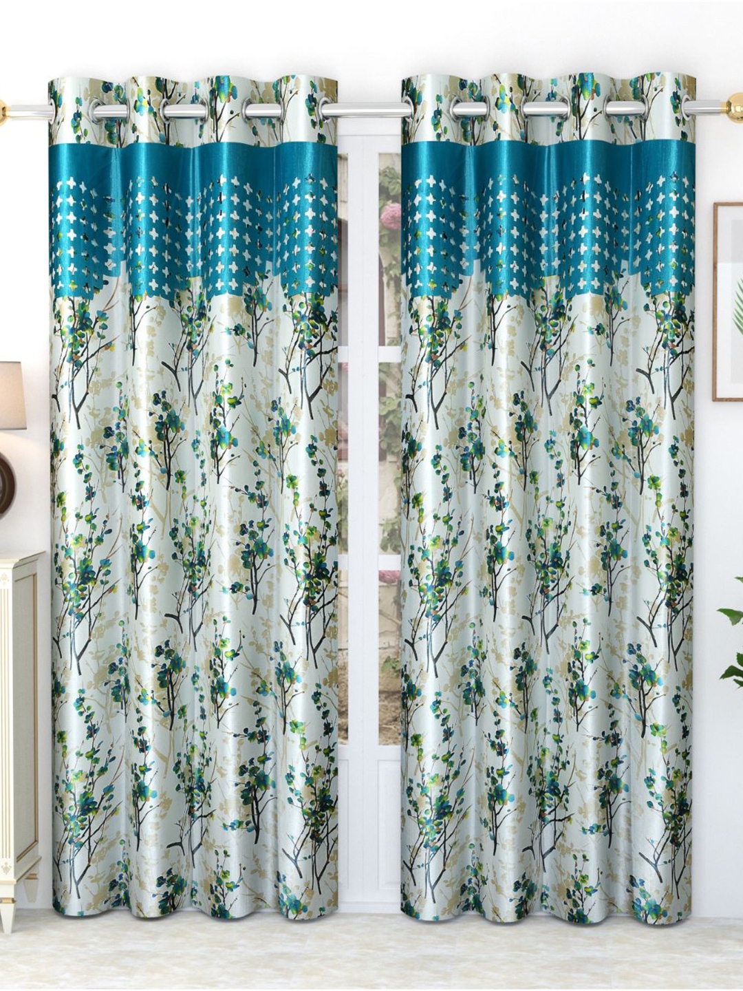 Bajo's White & Blue 2 Pieces Quirky Door Curtain
