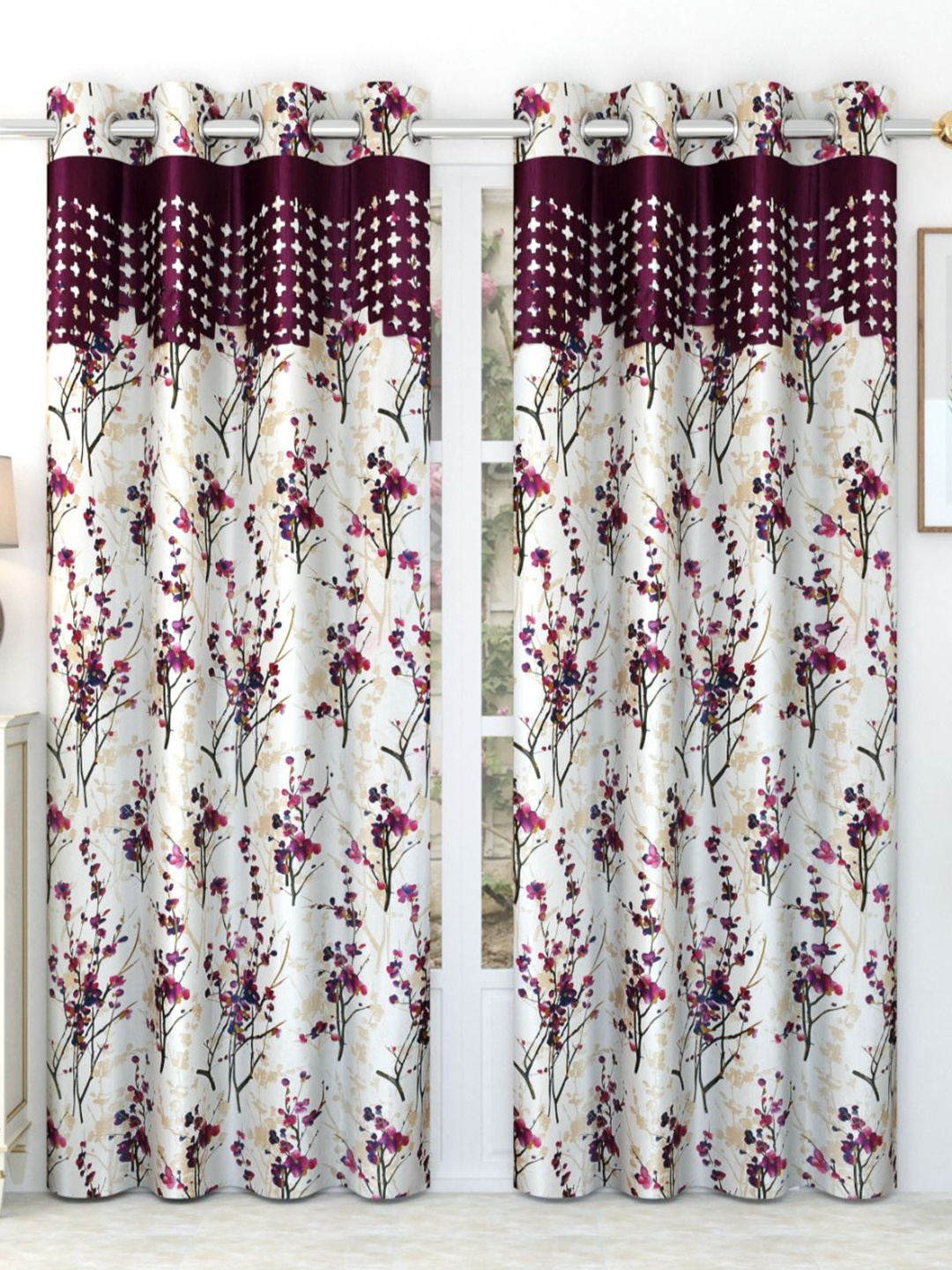 

Bajo's White & Burgundy 2 Pieces Floral Door Curtain