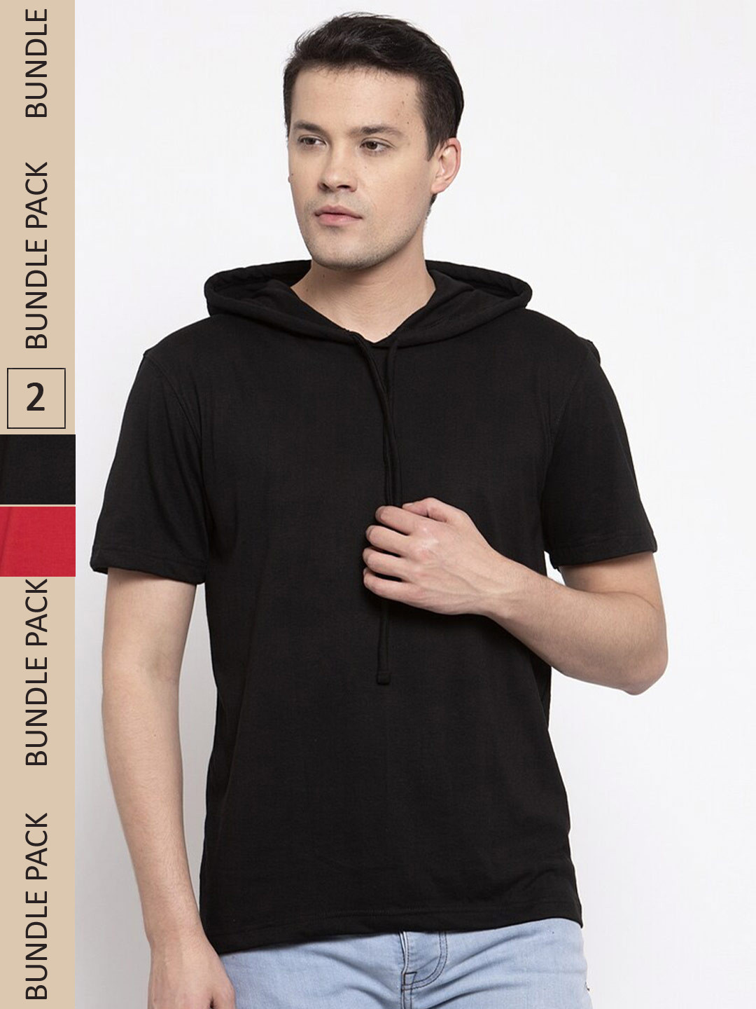 

Friskers Pack Of 2 Hooded Short Sleeves Comfort Cotton Slim Fit T-shirts, Black