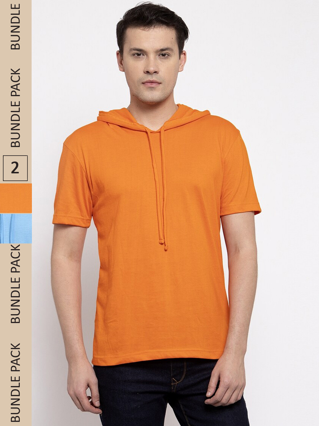 

Friskers Pack Of 2 Pure Cotton Slim Fit Hooded Short Sleeves T-shirts, Orange