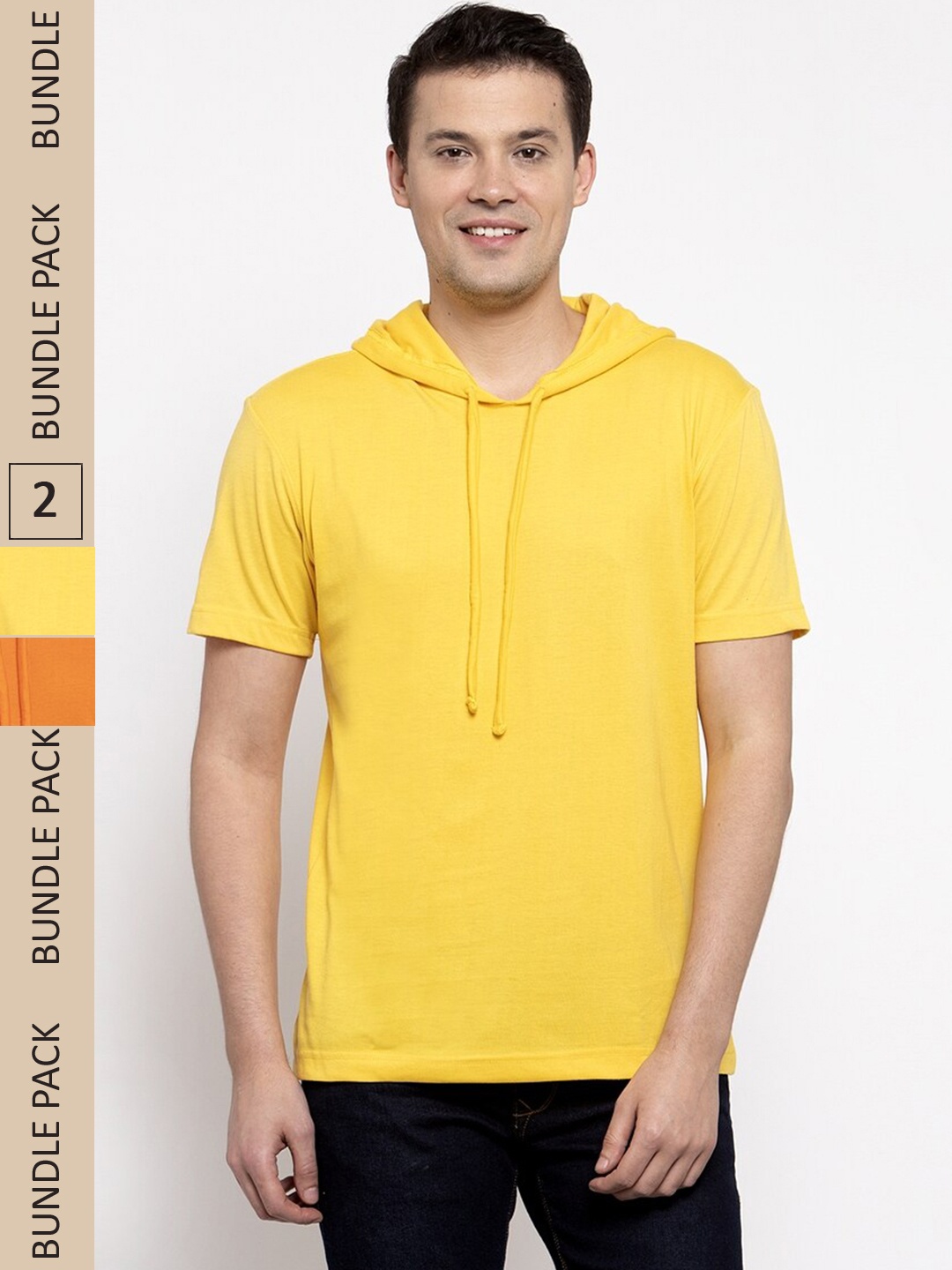 

Friskers Pack Of 2 Pure Cotton Slim Fit Hooded Short Sleeves T-shirts, Yellow