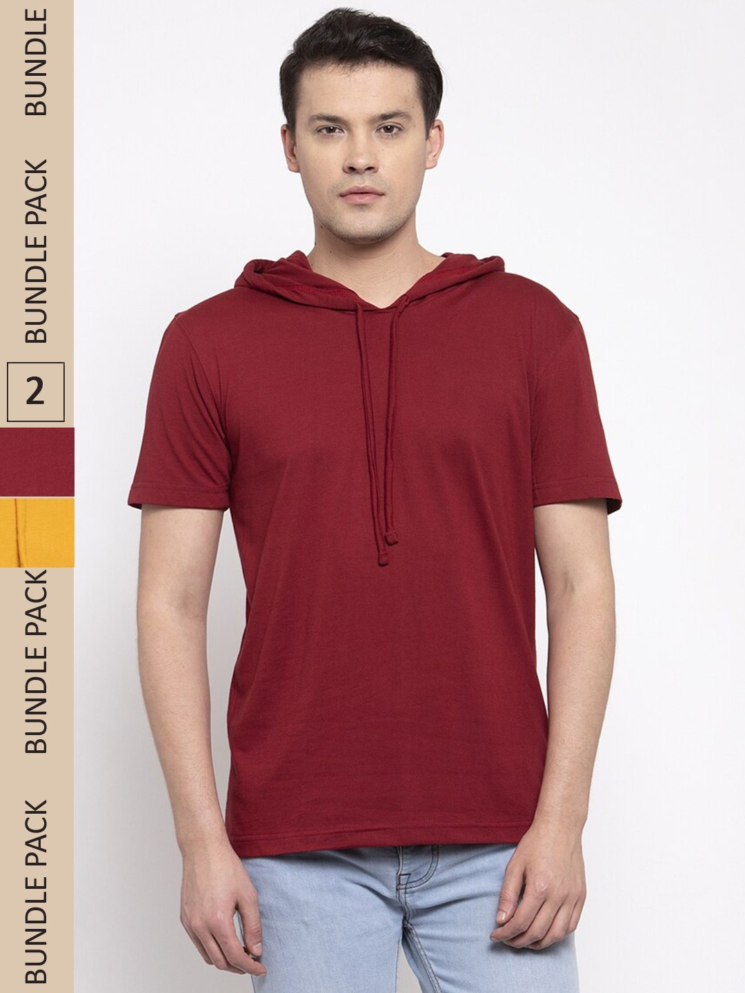 

Friskers Pack Of 2 Pure Cotton Slim Fit Hooded Short Sleeves T-shirts, Maroon