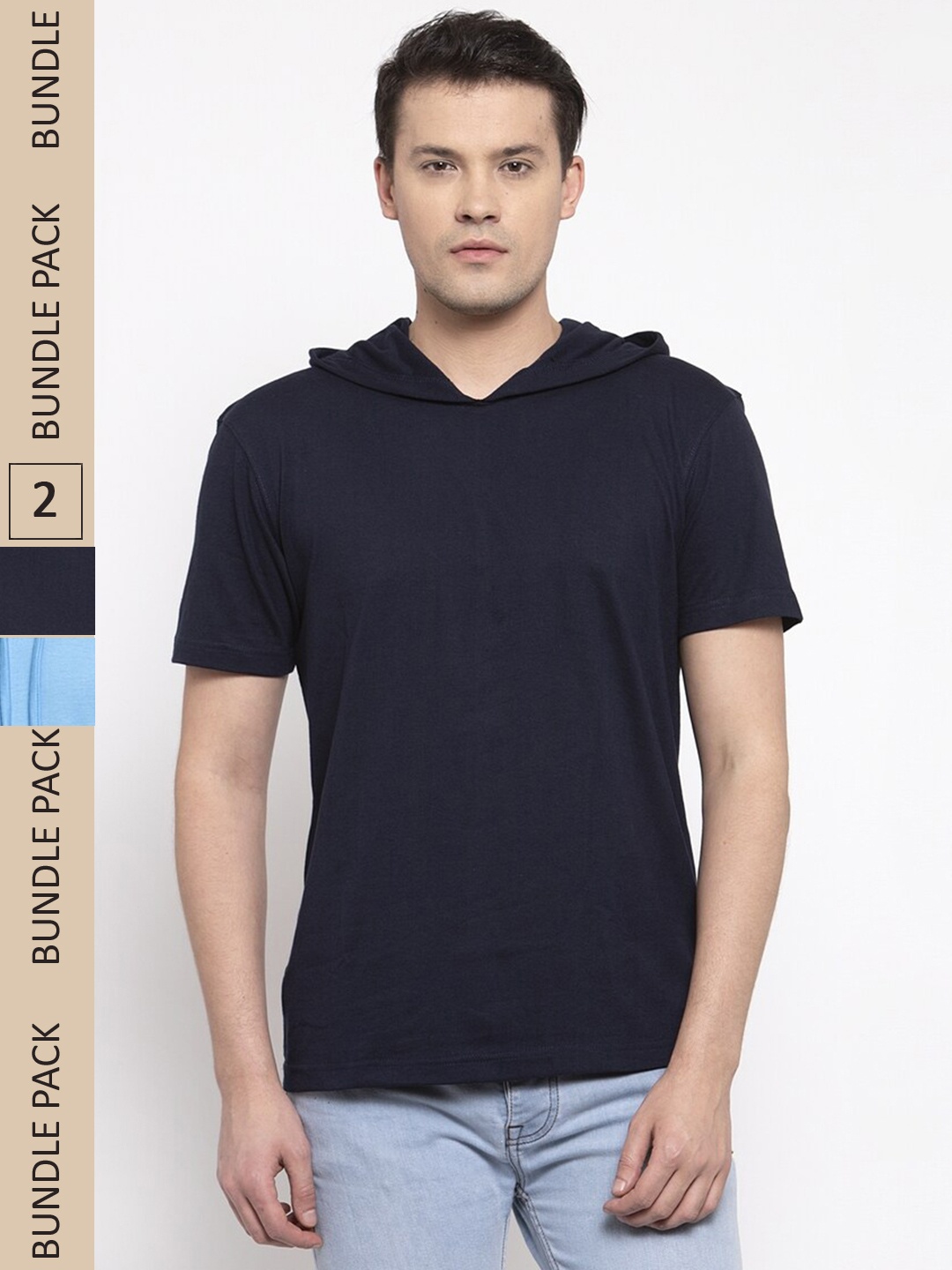 

Friskers Pack Of 2 Hooded Slim Fit Cotton T-shirt, Navy blue